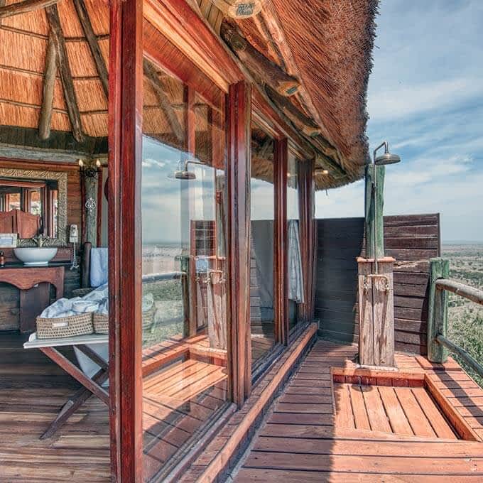 Your bathroom and outdoor shower at Mbali Mbali Soroi Serengeti Lodge in the Serengeti