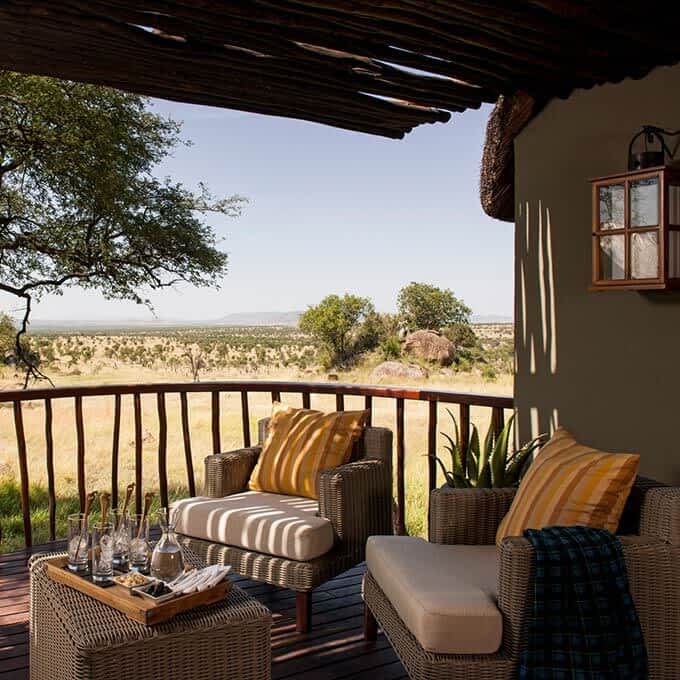 The verandah at Four Seasons Safari Lodge Serengeti in Serengeti National Park in Tanzania